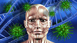 3D medical background with male face, DNA strands and virus cell