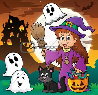 Cute witch and cat with ghosts 1