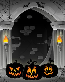 Stylized alcove with pumpkin silhouettes