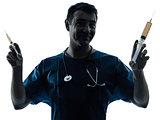 doctor man holding hypodermic syringe silhouette portrait
