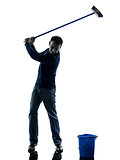 man janitor brooming cleaner golfing silhouette full length