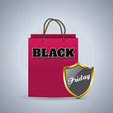 Black friday advertising background with shopping bag and shield