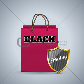 Black friday advertising background with shopping bag and shield