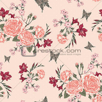 Beautiful Seamless Background with Victorian Roses in Vintage Style