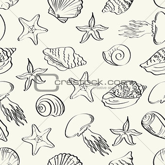 Seamless pattern, marine animals contours