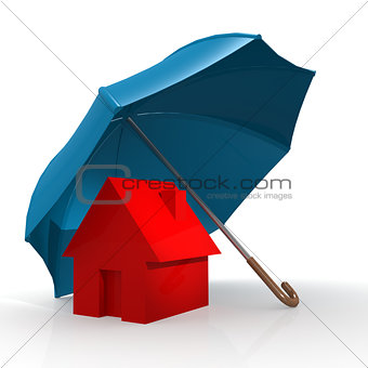 Red house under blue umbrella