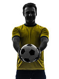 man showing giving soccer football  silhouette