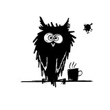 Funny owl black silhouette. Sketch for your design