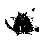 Funny cat black silhouette. Sketch for your design