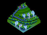  isometric city buildings, landscape, Road and river, night scen