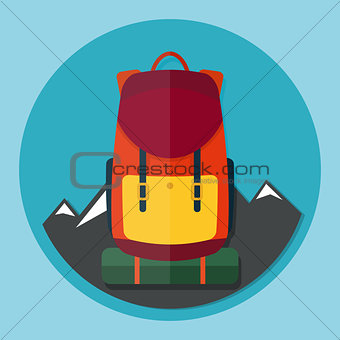 Backpack with mountains flat style vector illustration icon