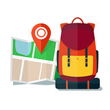 Travel Map with backpack.  Flat Icons, Tourist, Sightseeing, Journey, Inspiration and Concept