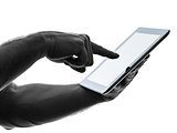 close up hands man touchscreen digital tablet   silhouette