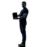 man holding showing digital tablet  silhouette
