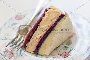 Piece of cake with currant sponge cake and white chocolate.