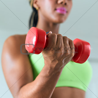 Home Fitness Black Woman Training Biceps With Weights-3