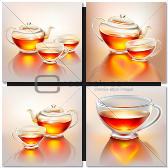 Glass teapot and cup with tea