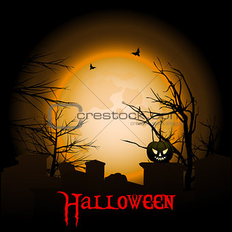 Halloween background with moon graveyard and text