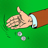 Case the die is dice throwing hand business concept