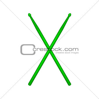 Crossed pair of green wooden drumsticks