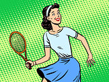 Young woman playing tennis retro style pop art