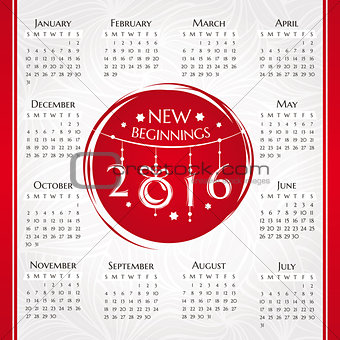 2016 new year calendar