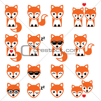Fox cute character icons, wildlife