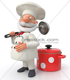 The cook with a pan and a ladle