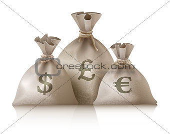 Sacks with money currencies dollar euro and pound