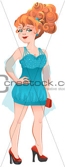 Red-haired pretty girl in a blue short dress