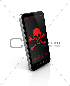 smart phone with a pirate symbol on screen. Hacking concept