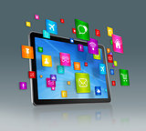 Digital Tablet and flying apps icons