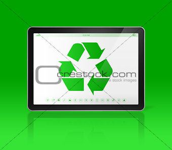 Digital tablet PC with a recycling symbol on screen. ecological 