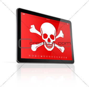 digital tablet PC with a pirate symbol on screen. Hacking concep