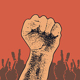 Vector Illustration Concept in Soviet Union Agitation Style. Fist of revolution. Human hand up. Red background. Design element.