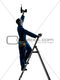 man construction worker holding drill silhouette
