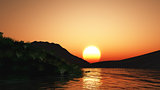 3D sunset landscape with hills and lake