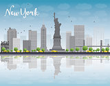 New York city skyline with grey building and blue sky