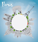 Paris skyline with grey landmarks, blue sky and copy space