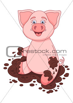 Vector illustration of cute pig in dirt puddle