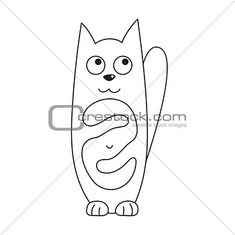 Cartoon kitty, vector illustration of funny cute cat with full tummy, coloring book