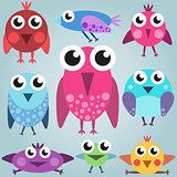 Cartoon bright bird set, funny comic birds, simple birds