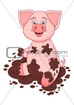 Vector illustration of cute pig in a puddle, funny piggy