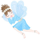 Cute fairy in blue dress with transparent wings is sleeping