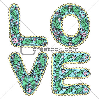 Romantic love lettering in style of hippie with flower patterns