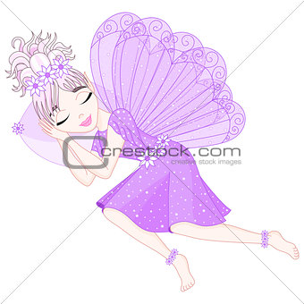 Cute fairy in violet dress with wings is sleeping on pillow