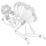 Cute fairy in dress with wings is sleeping on pillow, coloring book