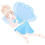 Cute fairy in blue dress with wings is sleeping on pillow