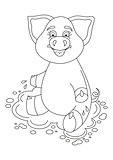Vector illustration of cute pig on water puddle, coloring book