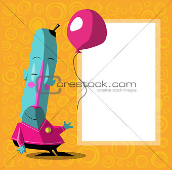 happy blue cartoon character with balloon and poster for text